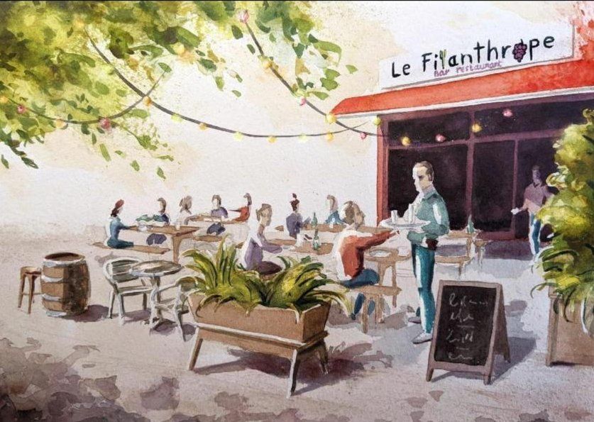 Aquarelle de la terrasse du Filanthrope avec ses guirlandes